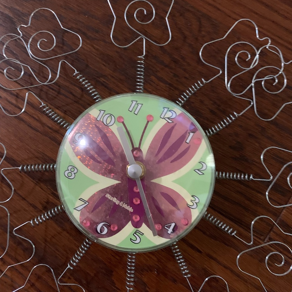 Green and Purple Butterfly Clock with Sunburst Design